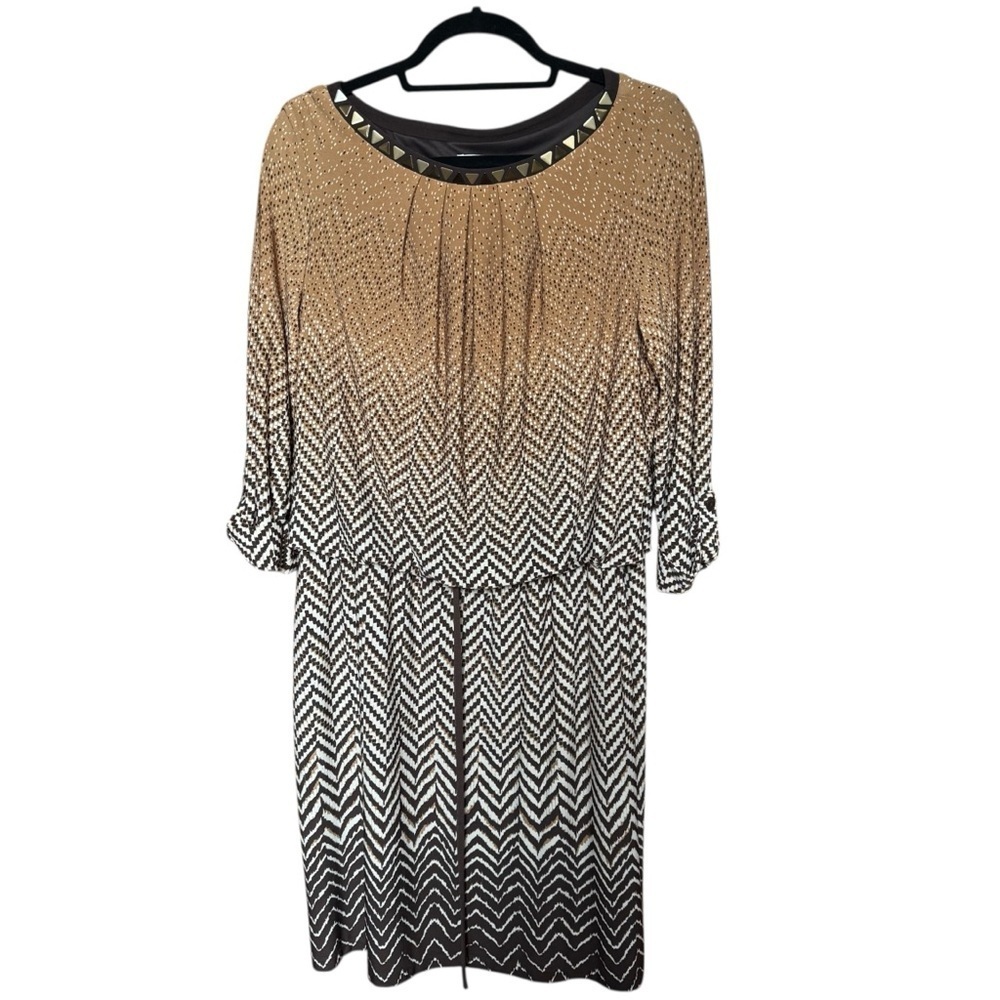 London Times Blouson/Drawstring Shift Dress‎ With 3/4 Buttoned Sleeve,Size 12